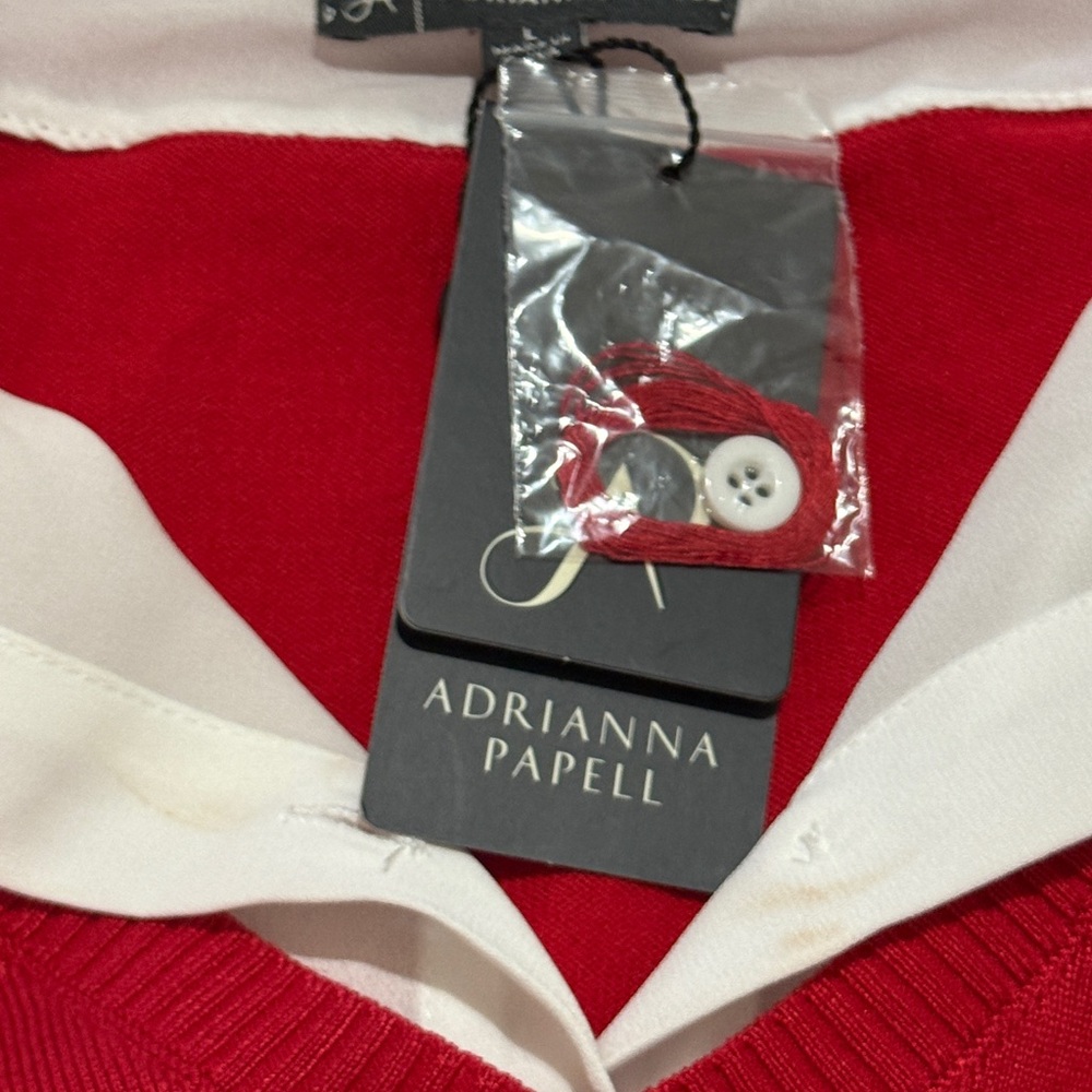 Adrianna Papell Red V-Neck Layered Sweater with White Shirt Detail - Picture 7 of 9